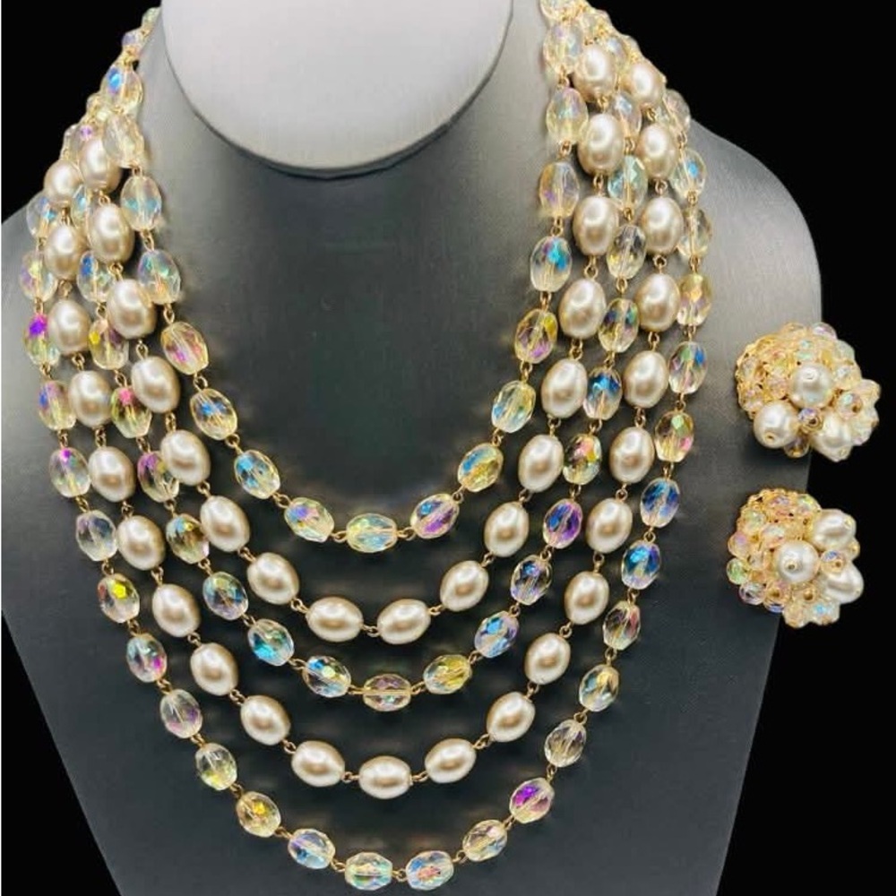 Vintage Five Strand Bib Necklace & Earring AB Glass Bead Faux Pearl Set
